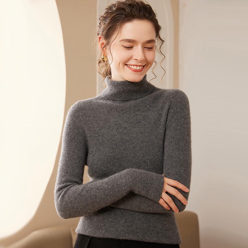 Women's High Neck Ribbed Cashmere Sweater - Slim Fit, Versatile Knit Top