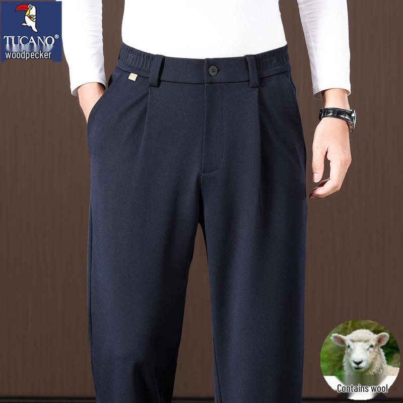 Woodpecker Men's Elastic Waist Wool Trousers - Loose Wide-Leg Casual Pants for Spring & Autumn