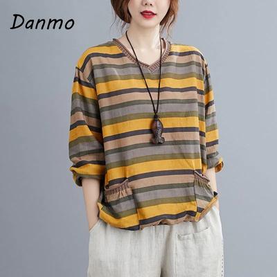Danmo Women Cotton Linen Long Sleeve T-shirts Autumn Simple Style Vintage V-neck Striped Female Loose Casual Tops Tees