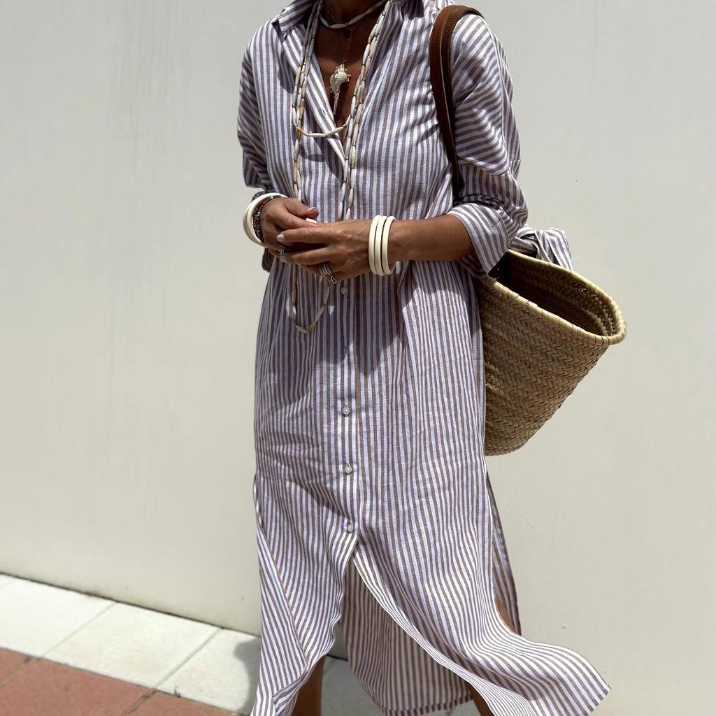 Women's Summer Shirt Dress Lapel Button Striped Waistband Long Dress Casual Side Slit Maxi Dress