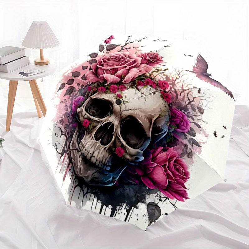 

1pc Floral Skull Design Pattern Automatic Umbrella is Fashionable and Good-Looking, Suitable for Travel and Daily UseR014