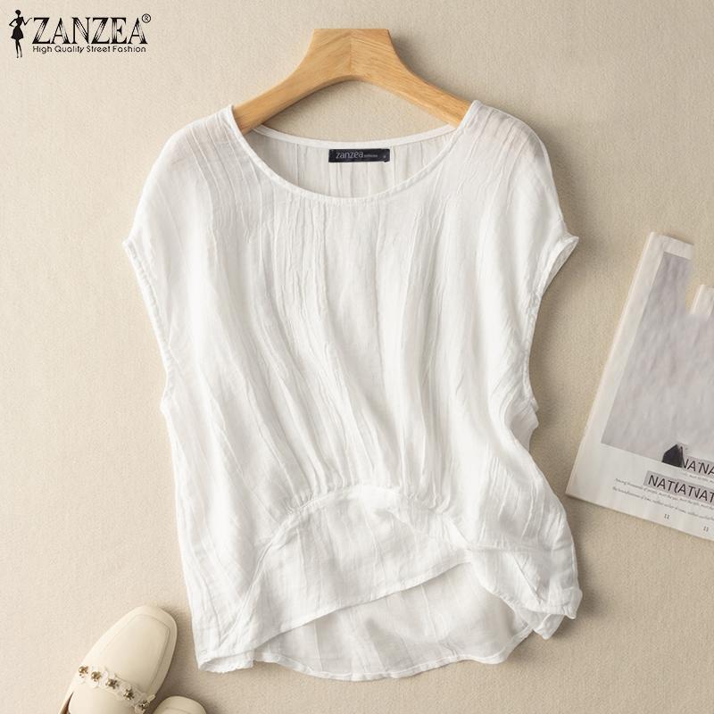 

ZANZEA Женская повседневная летняя блузка с круглым вырезом и коротким рукавом