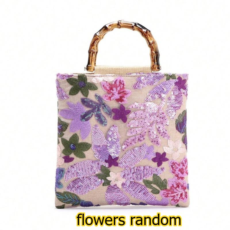 

1pcs Stylish Floral Embroidery Bamboo Handle Handbag Large-Capacity Daily Commute Tote Vintage Embroidered Flower Top-Handle Bag фіолетовий