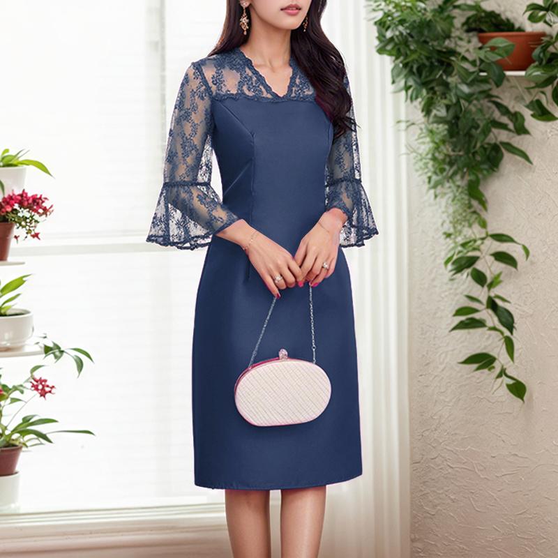 

ZANZEA Женское повседневное платье-футляр с V-образным вырезом и рукавами 3/4, кружевной вставкой 3XL тёмно-синий