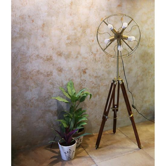 Antique Tripod Fan 5 Light Floor Lamp with Morden Looks Adjustable Wooden Tripod Floor Lamps Corner
