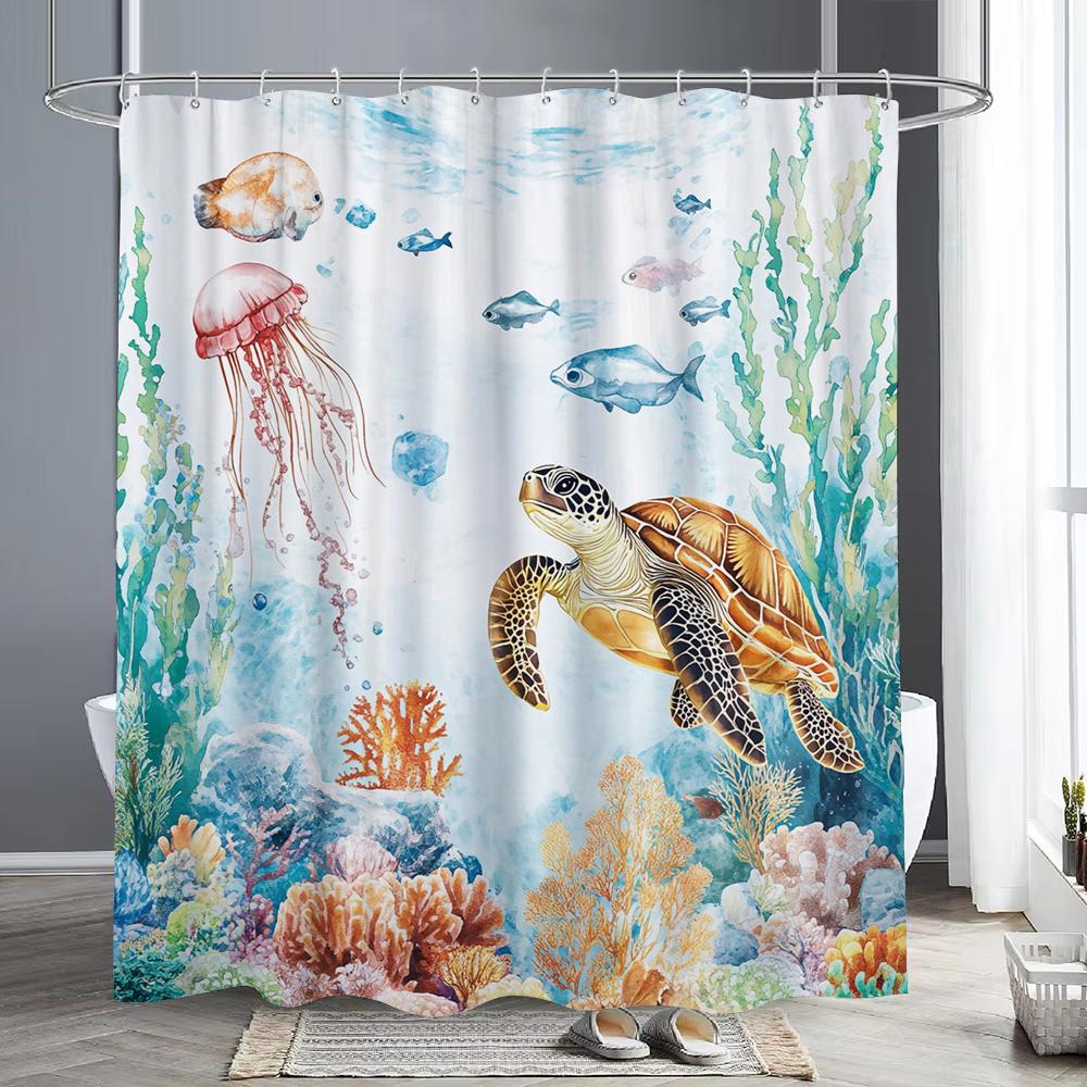 Sea Turtle Shower Curtain, Beach Coastal Sea Turtle Starfish Jellyfish Underwater Creatures Bathroom Decorative Shower Curtains