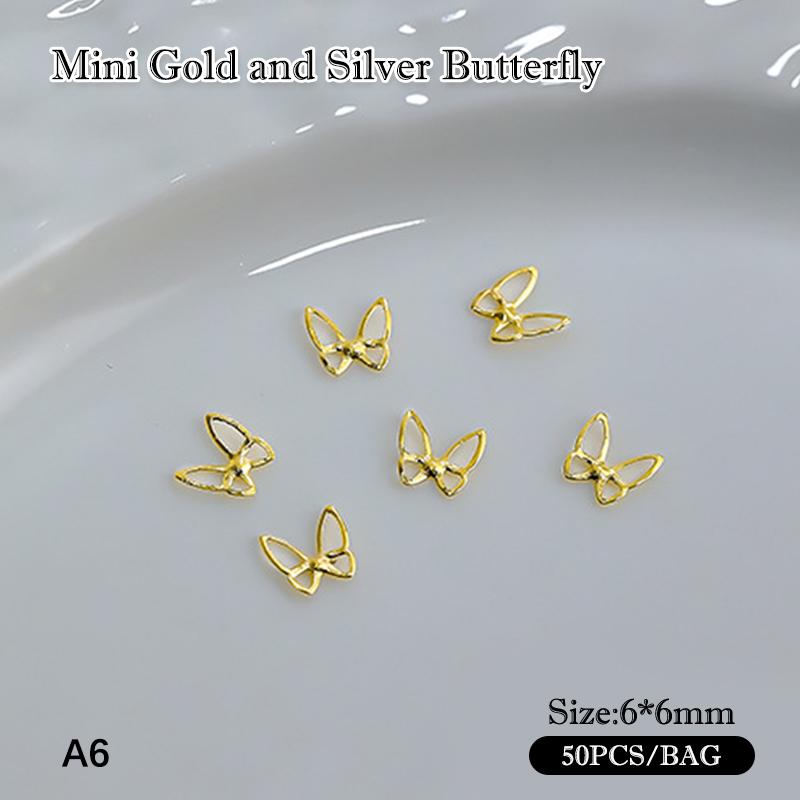 50 Pièces Alliage Creux Papillon Décoration Nail Art Or Argent Métal Charms Papillon pour Ongles DIY Saint-Valentin Pièces Papillon
