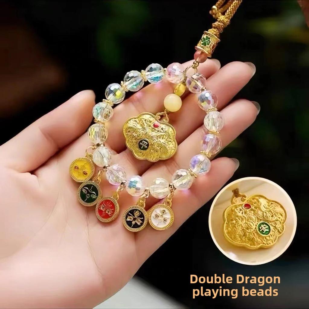 Car Pendant, Five-Way God of Wealth Double Dragon Abacus, Crystal Car Hanging Ornament for Wealth and Protection