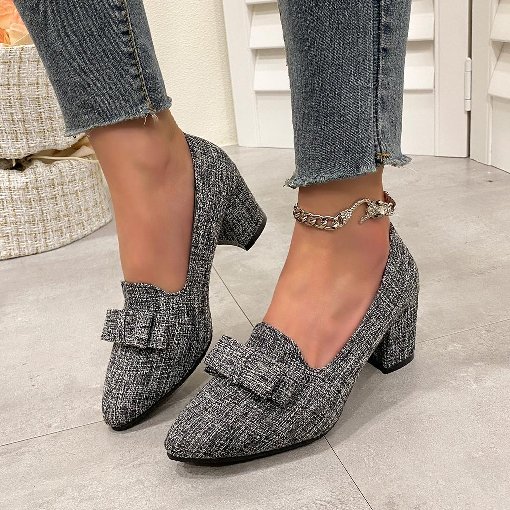 Fashion Bow Fashion Chunky Women Shoes 2025 Elegant Pointed Toe High Heels Pumps Fad Trend Spring Dress Designer Zapatillas De Mujer