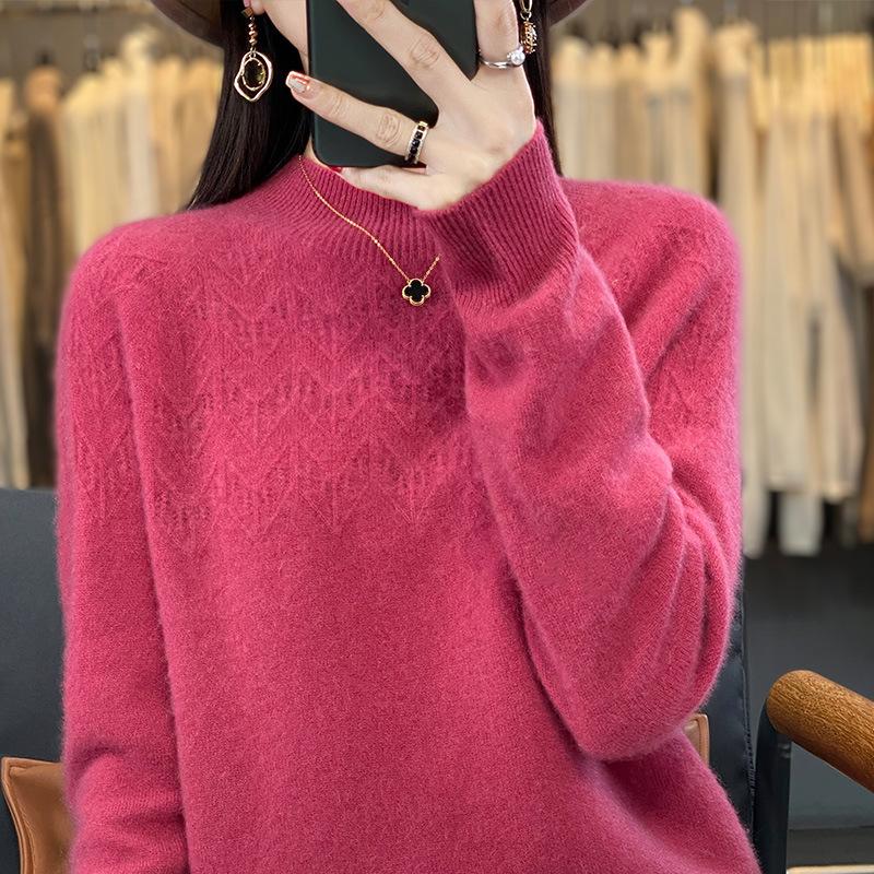 New Autumn and Winter Half-high Neck Hollow Cardigan for Women's First-line Ready-to-wear Skin-friendly and Warm Wool Knitted Base Sweater