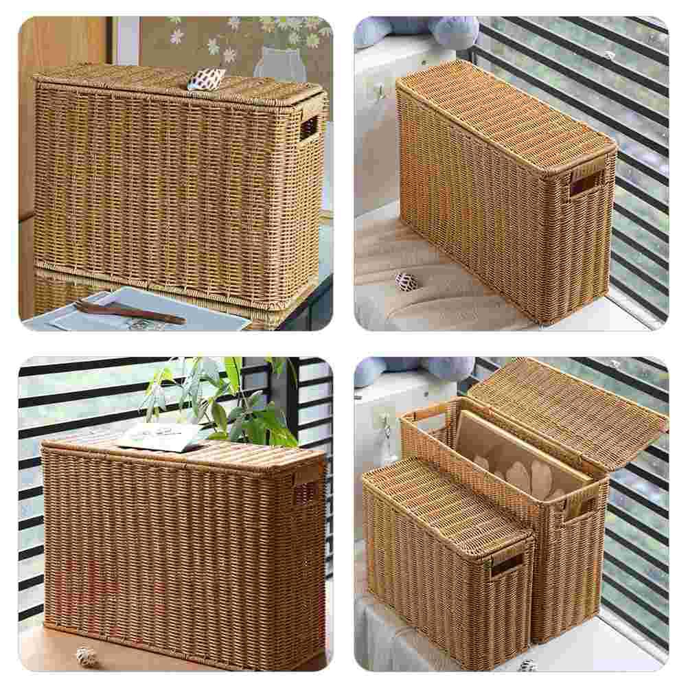 Narrow and Tall Storage Box with Lid Vegetable Basket Weave Sundries Baskets Garbage Bin Toys Organizer Can Weaving Tabletop