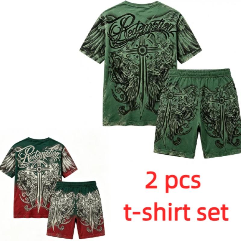Sommer Gotischer Stil Kreuzschwert Aufdruck Rundhals Kurzarm T-Shirt und Shorts Set Herren und Damen T-Shirt Shorts Set