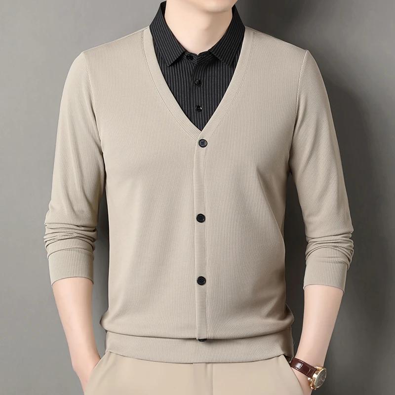 2026 New Men's Fake Two Piece Polo Shirt Casual Fashion Long Sleeve Collar T-shirt Versatile Top
