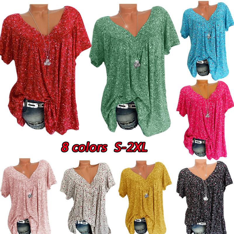 Ladies Summer Short Sleeve Printed T-shirt Women V-neck Loose Blouse Tops Tee Holiday Plus Size