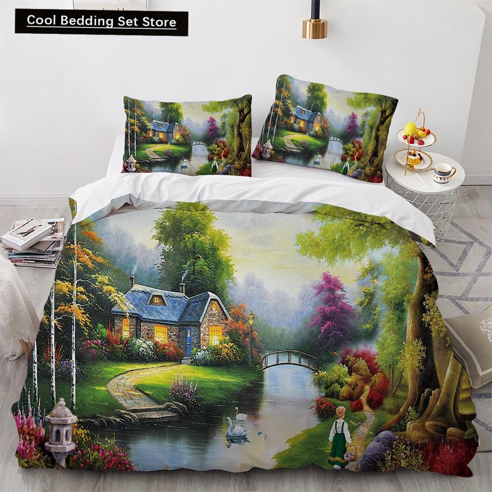 Oil Painting King Queen Duvet Cover Vintage Building Landscape Bedding Set for Adults Retro Art 2/3pcs polyester Quilt Cover