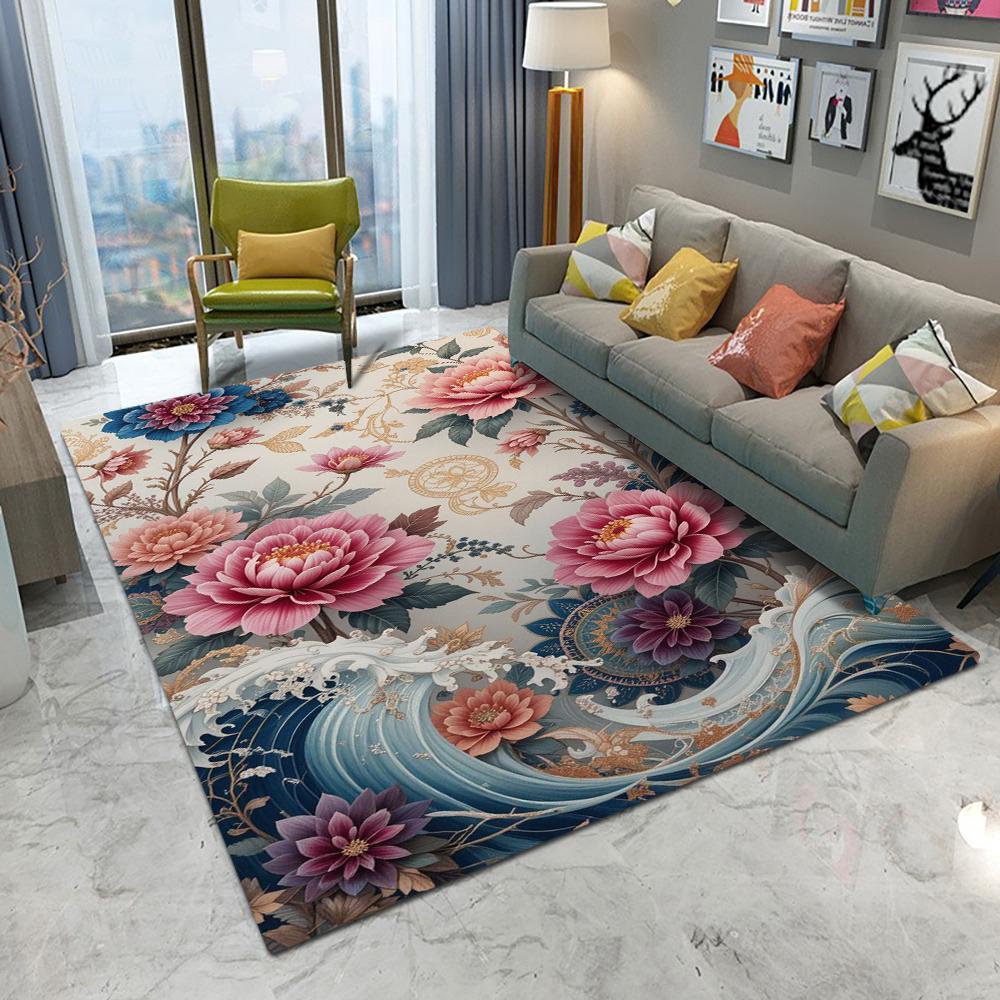 Retro Chinese Flowers Carpet Living Room Bedroom Balcony Sofa Table Door Entrance Rug Non-slip Machine Washable Home Decor Mat