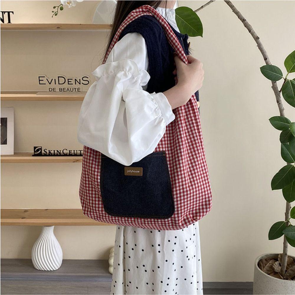 Korean Style Double Sided Plaid Denim Vest Bag Cloth Bohemian Messenger Bag  Women