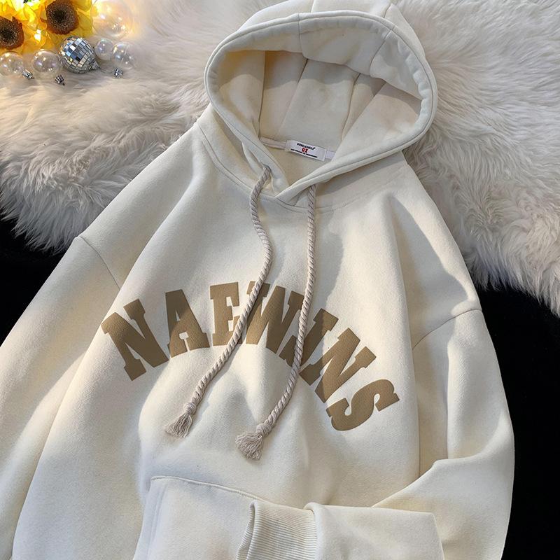 French Couple Sweatshirt for Male Students Autumn and Winter Thick Velvet American Style Heavy New Trendy Hooded Jacket