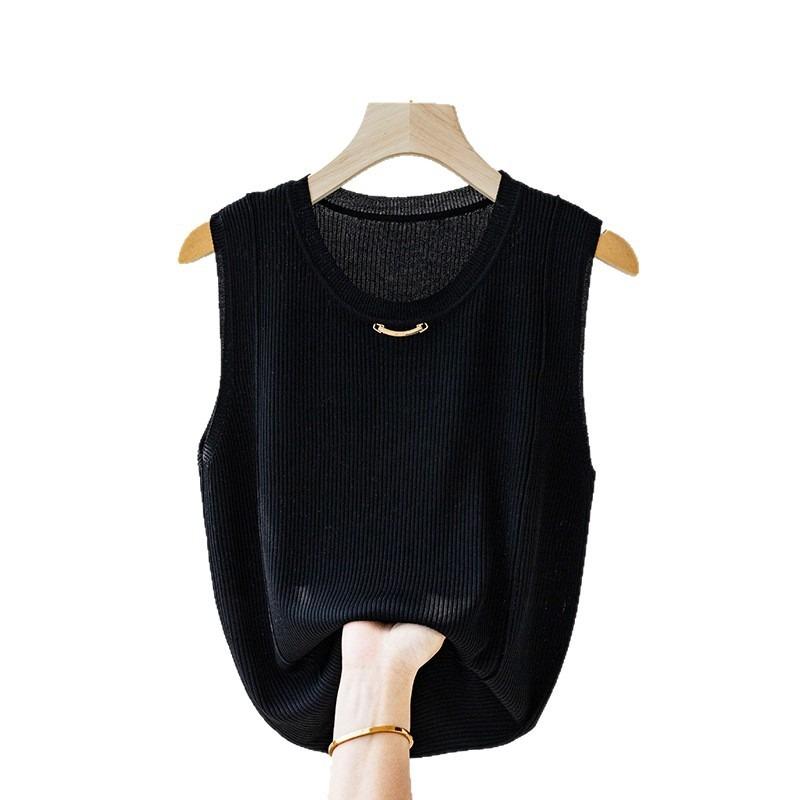 New ice silk suspender vest women's white sleeveless inner bottoming shirt loose with small suit knitted top