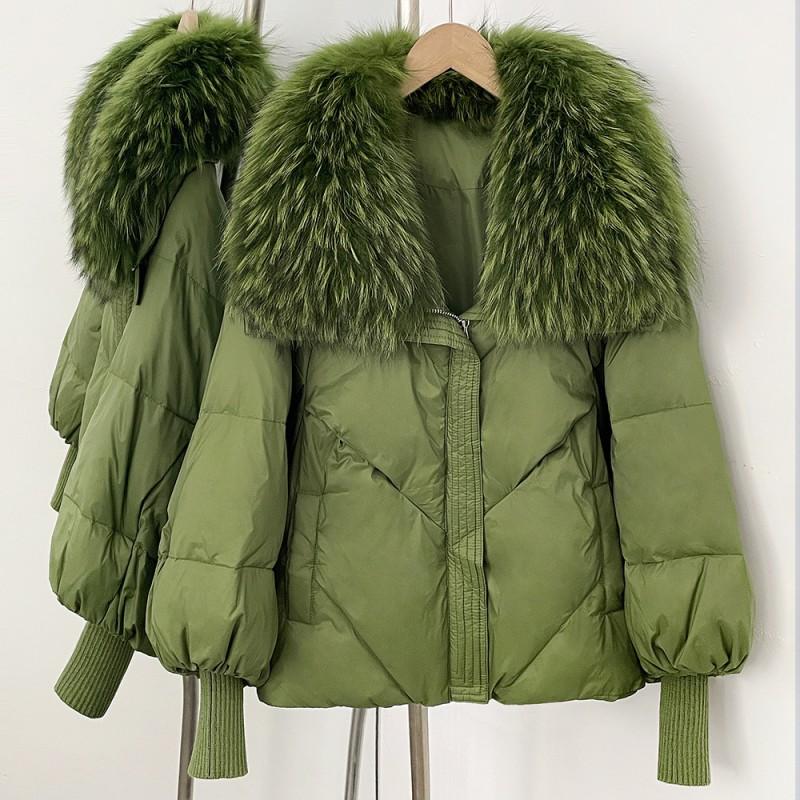 Womens Winter Duck Down Coat With Removable Raccoon Fur Collar Knit Sleeve Thick Warm Short Puffer Jacket