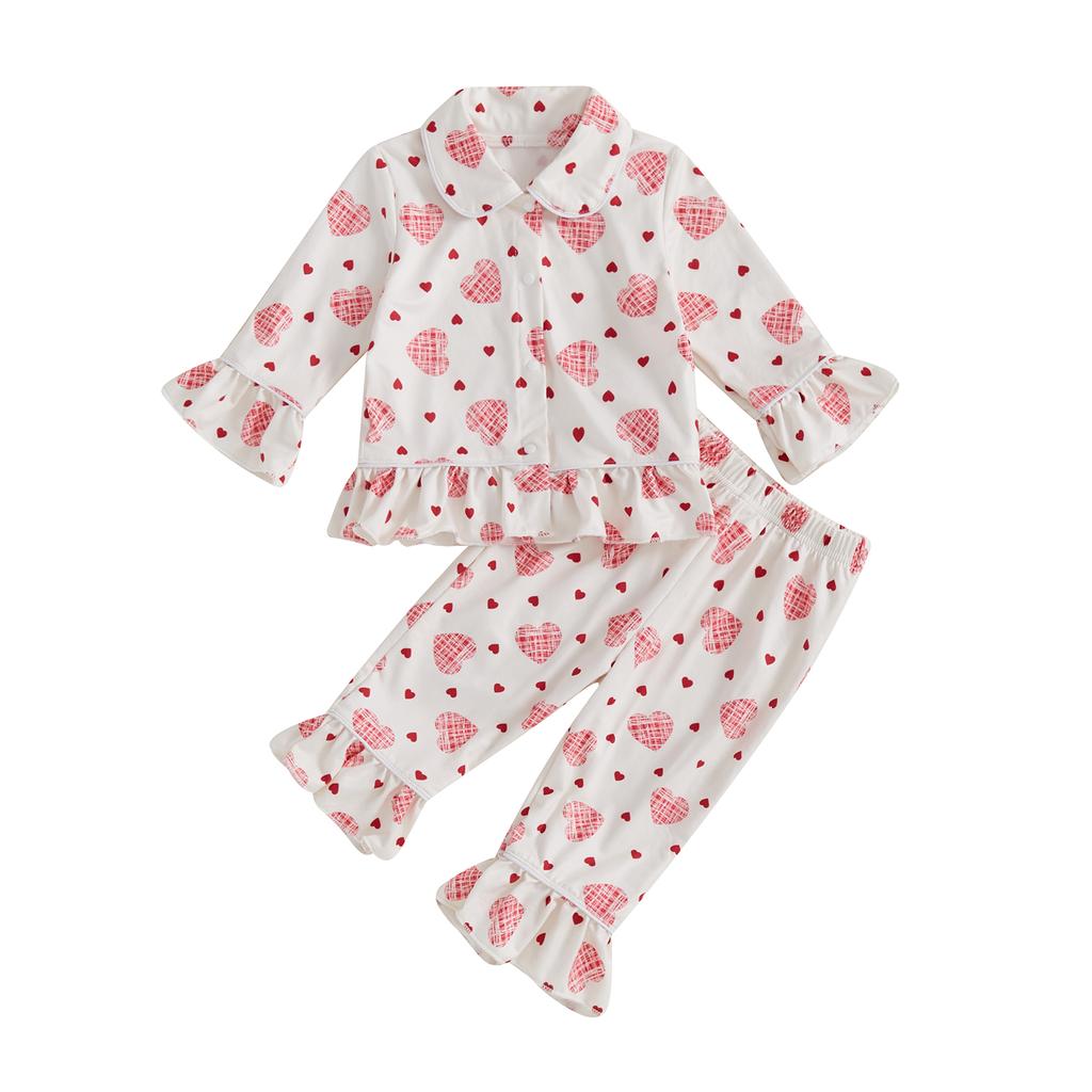 Kids Girls Pajamas Set Heart Print Long Sleeves Shirt and Elastic Pants for Loungewear Sleepwear
