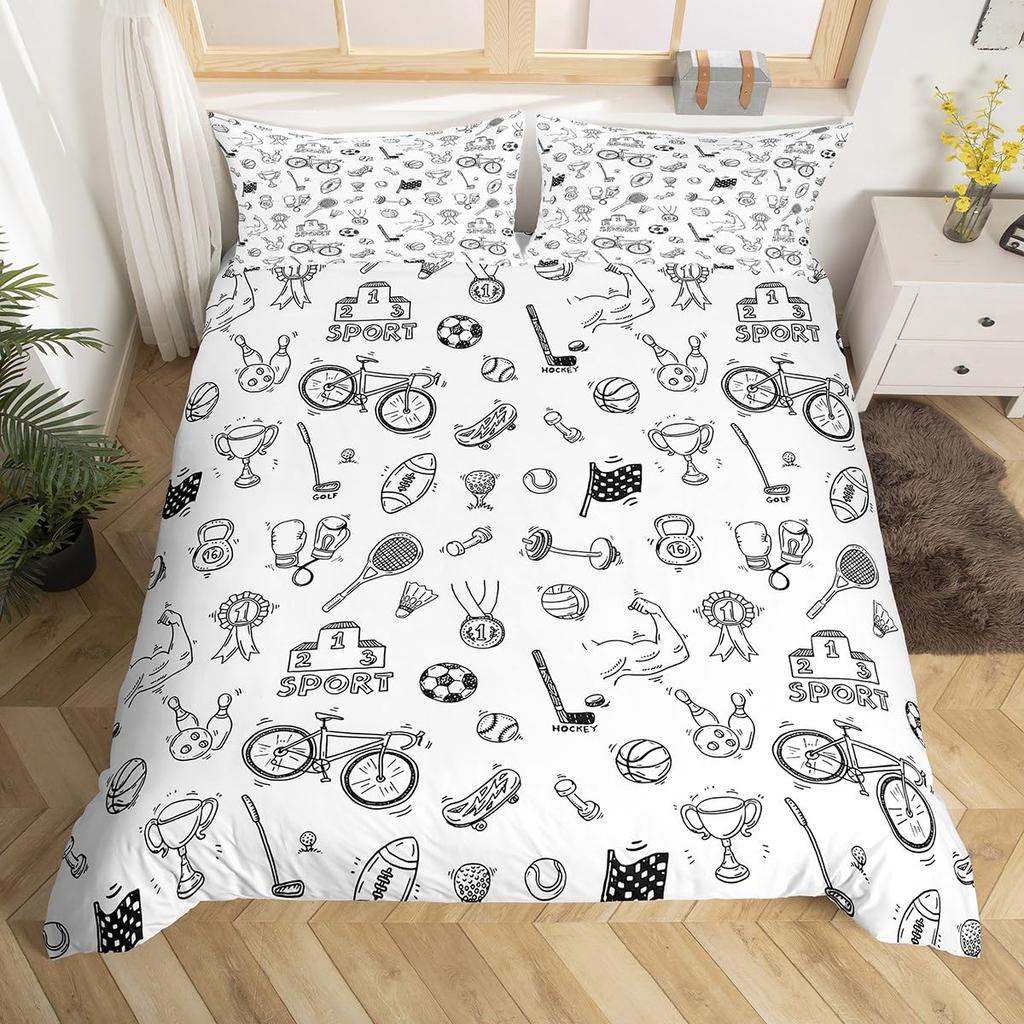 Bettwäsche-Set mit Tennisplatz-Print, Jungen Sportspiele Themen-Bettdeckenbezug, Gelber Tennisschläger Sportgeräte Bettwäsche-Set