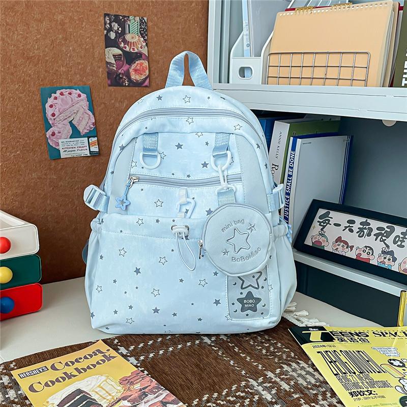 Cute Star Print Backpack with Multiple Pockets and Front Zip Compartment for School and Daily Use