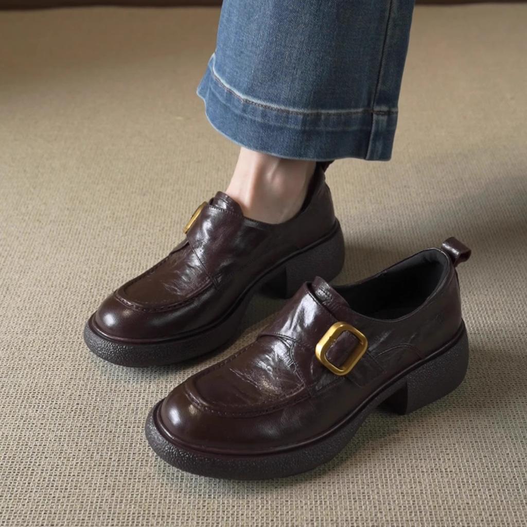 Retro British Style Belt Buckle Loafers Platform Sole One Pedal Thick Heel Single Shoes Small Leather Shoes