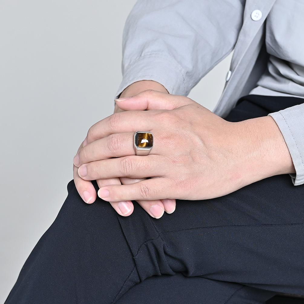 2026 Natural Gemstone Square Tiger's Eye Stone Ring Men's Personality High Sense Fashion Smooth Hand Jewelry