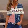 Women's Fashion Casual Independence Day Print V-Neck Short Sleeve Button-Up T-Shirt Top