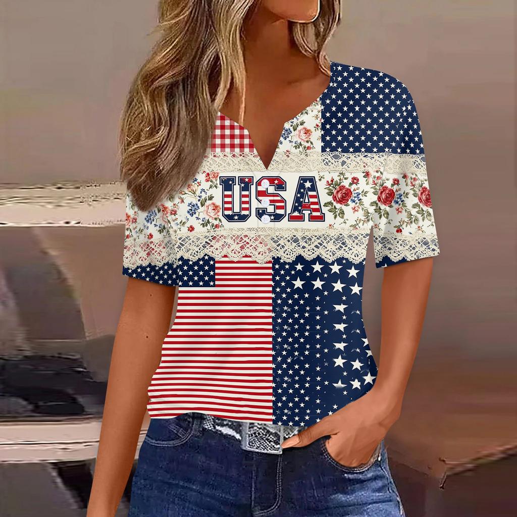 Women's Fashion Casual Independence Day Print V-Neck Short Sleeve Button-Up T-Shirt Top