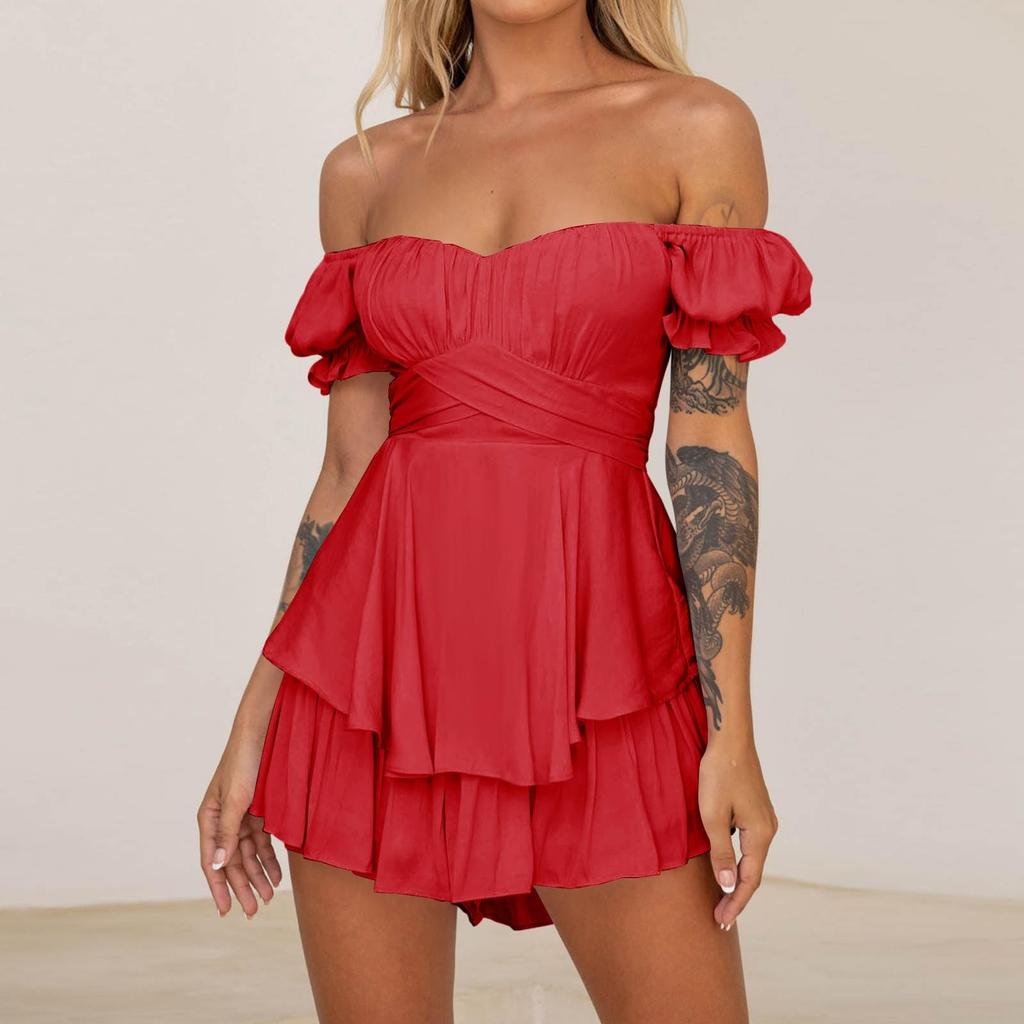 Sexy Women's Off Shoulder Solid Color Short Sleeved Pleated Layer Back Zip Short Jumpsuit