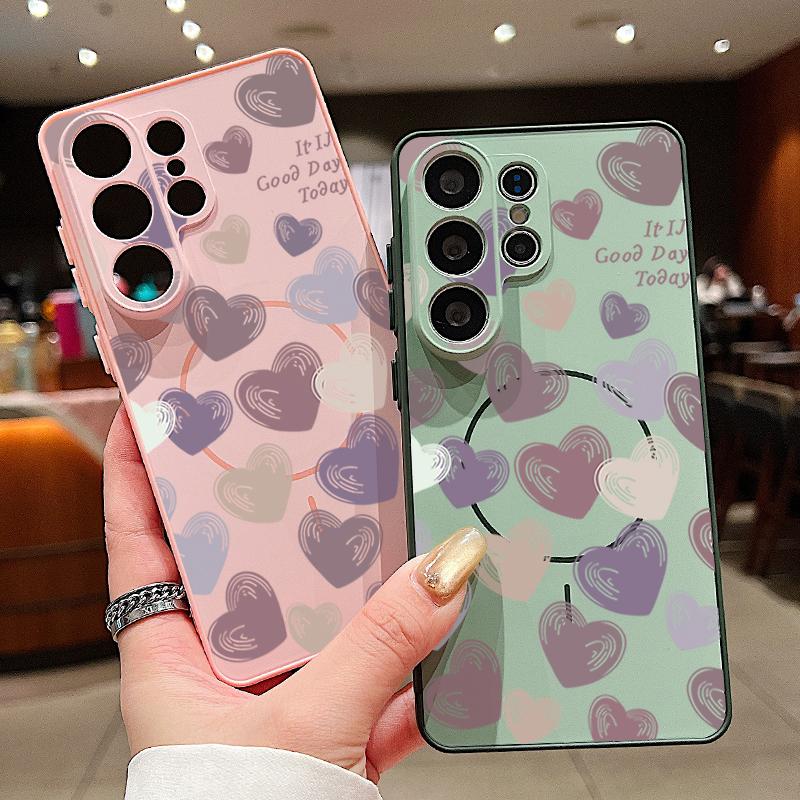 Magnetic For Magsafe Case For Samsung Galaxy S26 Ultra S25 Edge S24 Plus S23 FE S22 A54 A55 A56 5G Candy Color Love Hearts Pattern Matte Cover