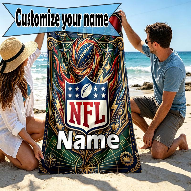 Custom Name Personalized NFL Print Beach Towel, for Trip Camping Beach Party Home Decor, Birthday Gift for Family & Friends