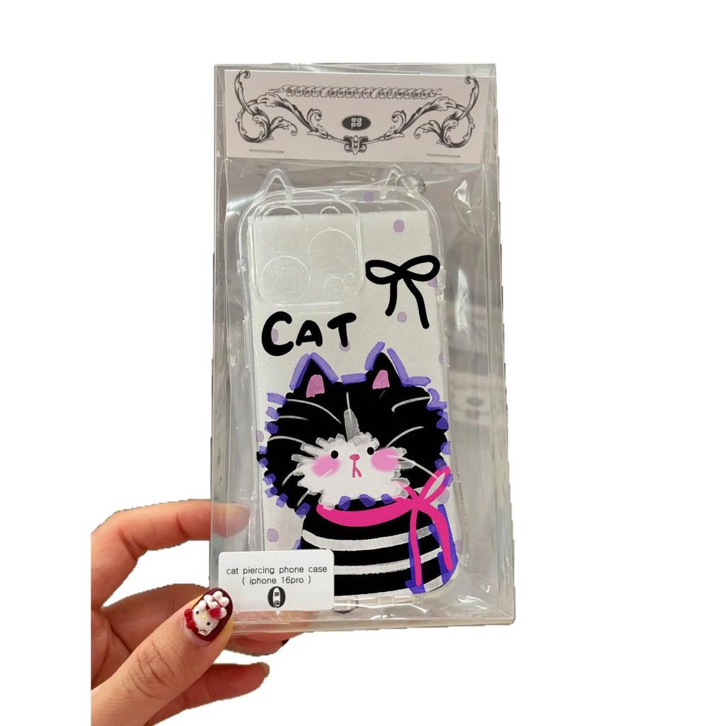 Pink Knot Striped Cat Applies To Apple IP17Promax Mobile Phone Case 16 Cat Ears 15/14 Transparent Air Cute 13