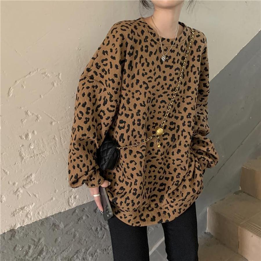 Leopardmönstrad Rundhalsad Fleecetröja för Kvinnor Vår/Höst 300lbs Design Mode Lös Vardaglig Långärmad Topp