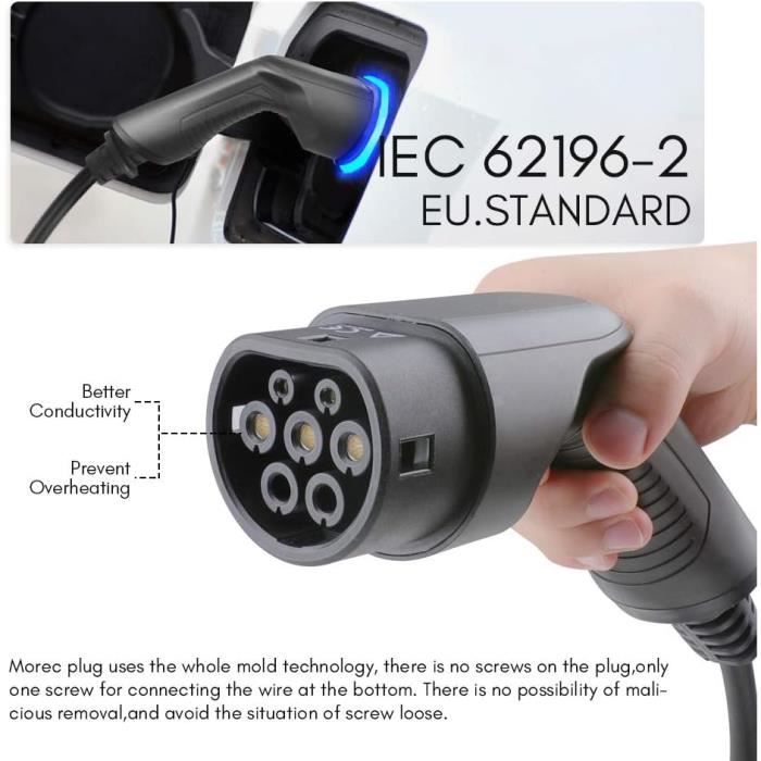 Morec chargeur voiture electrique 10/16a type 2 2,2/3,6kw portable eu schuko 6m