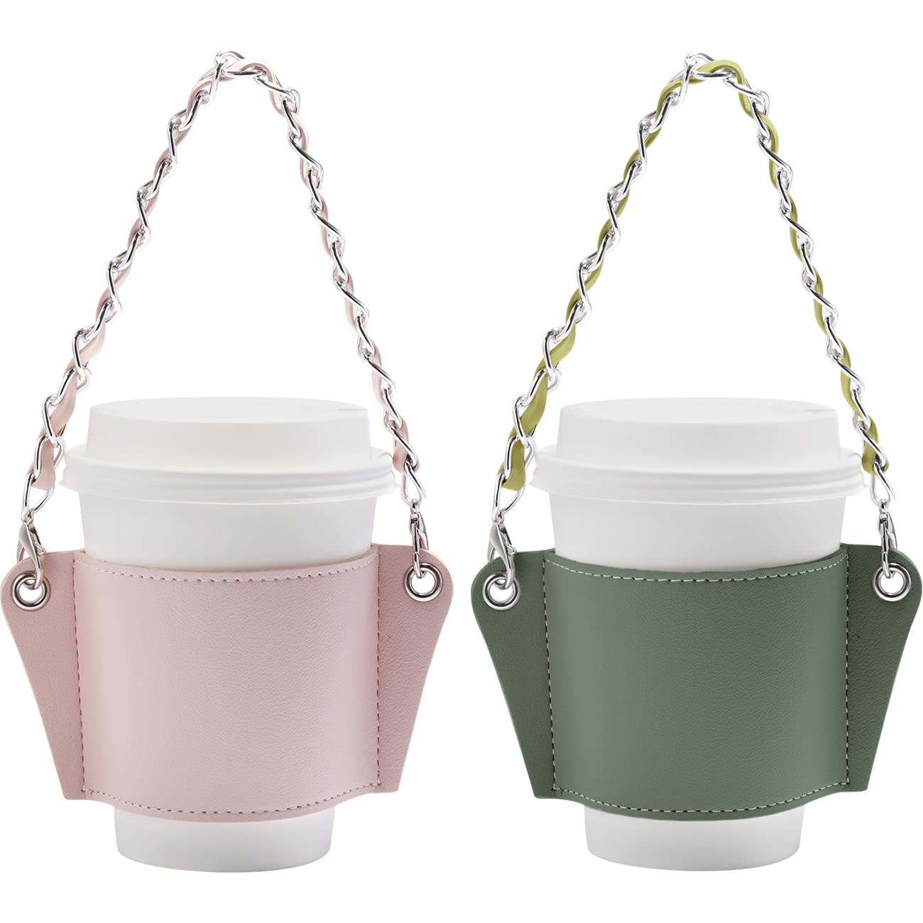 

YUYAKESHI Leather Drink Cup Holder Cover with Chain, Portable, for Cafe Cups, Convenience Store Coffee, and More (Green + Pink)