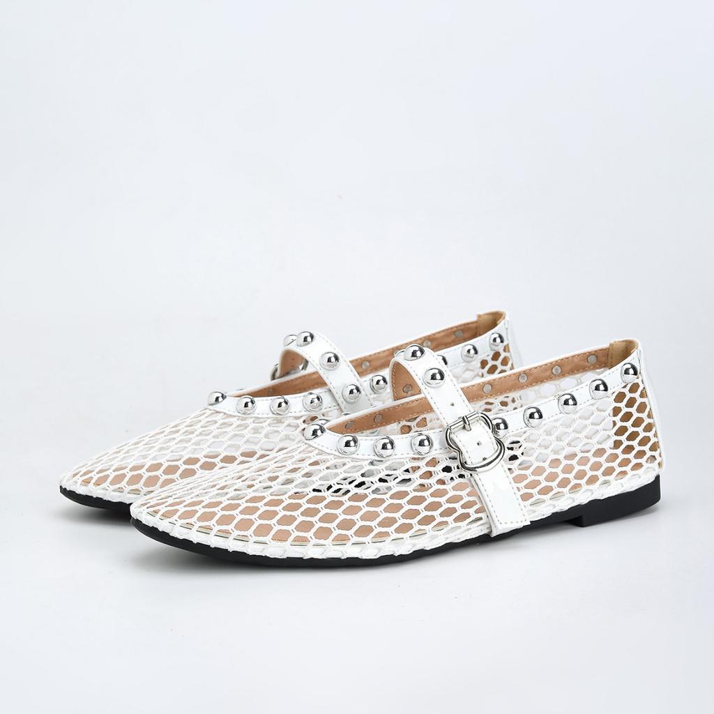 Spring and summer new round head flat bottom mesh hollow willow nails with Mary Jane large size women's shoes