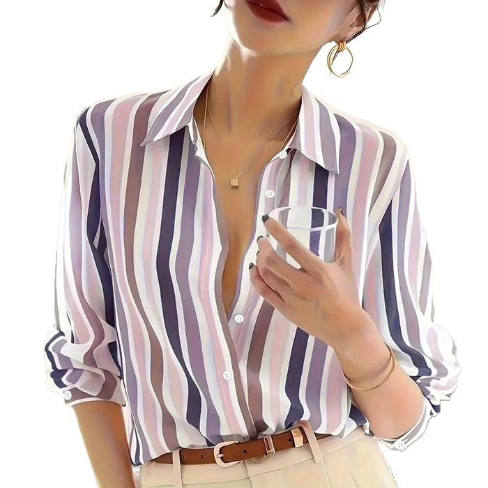 Ladies Casual Long Sleeve Lapel Contrasting Color Striped Printed Blouse Shirt Top