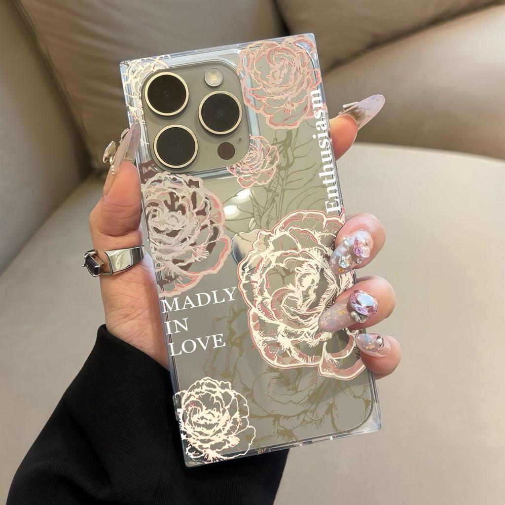 Transparent Square Back Tube Case Casing Protection For iPhone 14 Pro Max 15 Plus 16 ProMax 13 11 12 Anti-Oxygen,Mad Rose Pattern