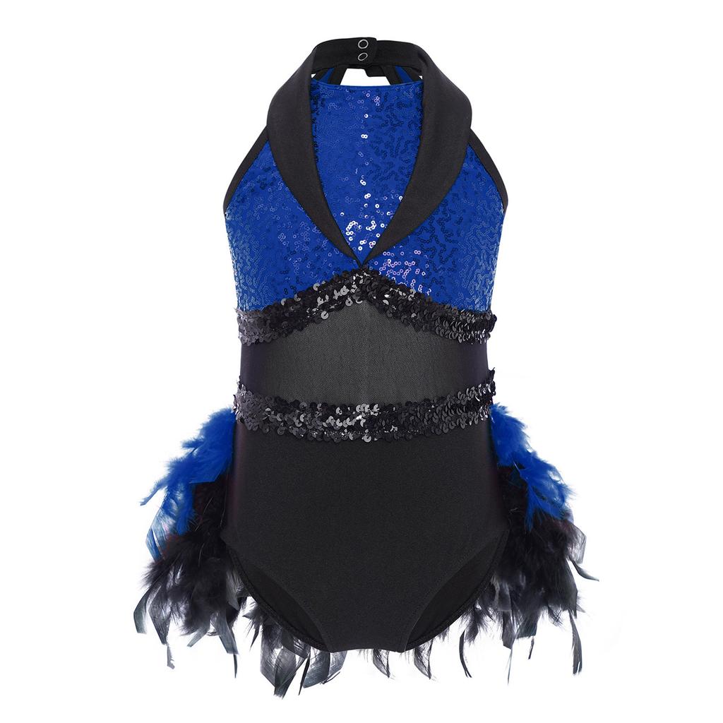 Girls Jazz Dance Dress Turn Down Collar Sleeveless Sheer Mesh Keyhole Back Shiny Sequins Color Block Feather Leotard