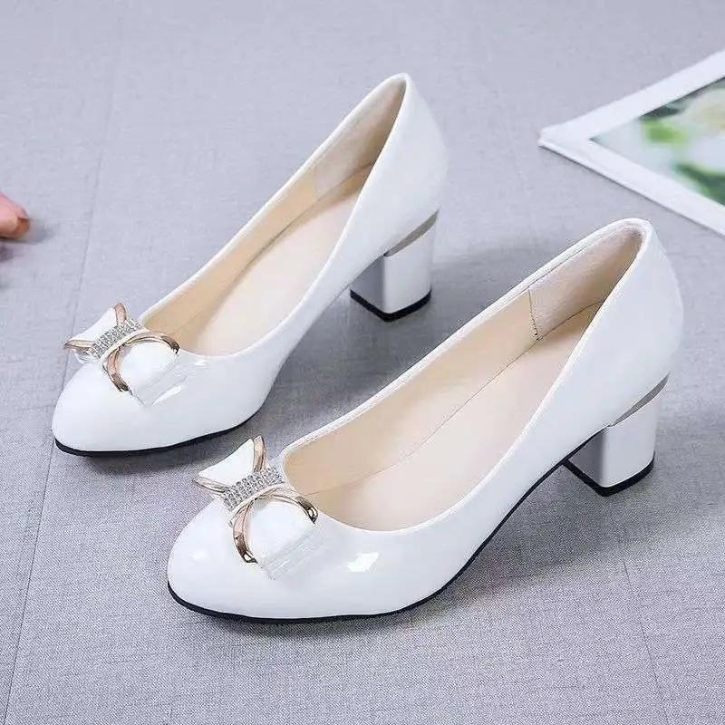 Fashion Spring Autumn Soft Bottom Large Size Women's Shoes Buckle Mid Heel Four Seasons Single Shoes Rubber Upgraded Version 34-42 Code
