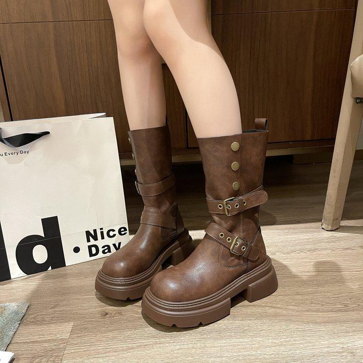 Cowhide version boots women's short boots 2025 new autumn super fire retro handsome thick heel fried street British style thin boots