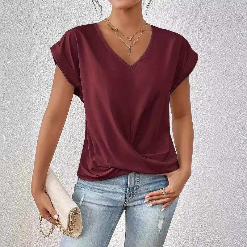 Women Wine Red V Neck Rolled Cap Sleeve Blouse Front Twist Knot Casual Loose T-shirt
