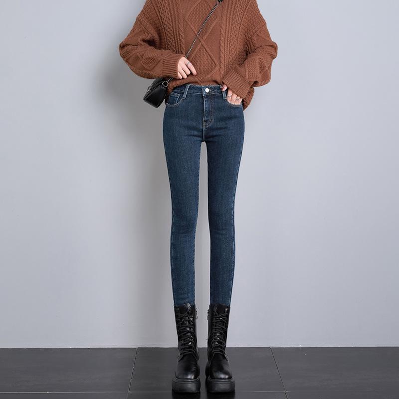 Hochgeschnittene, fleecegefütterte Slim-Fit-Jeans für Damen - Warmer Herbst/Winter 2023 Stil mit dickem Oberstoff und schmal zulaufenden Beinen