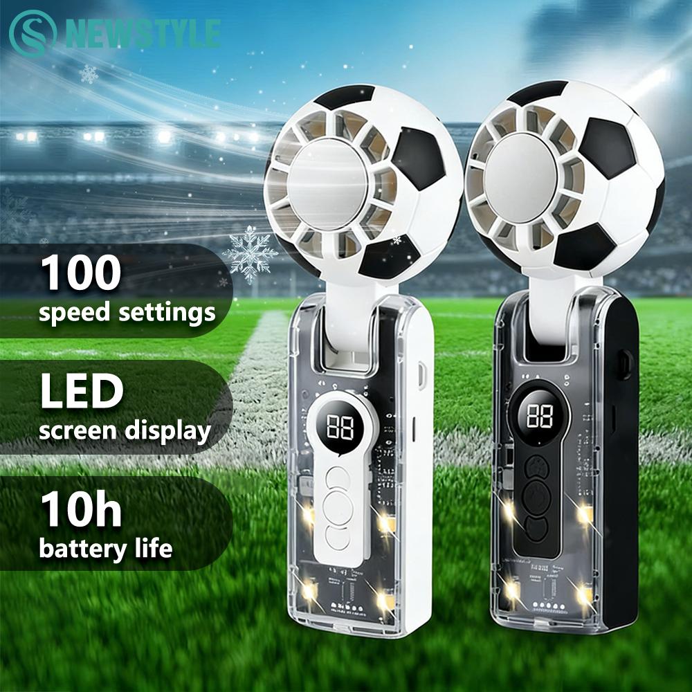 Portable Handheld Turbo Fan with Ice Cooling Football Design Mecha-style USB Rechargeable Mini Fan 100-speed Wind and LED Flash