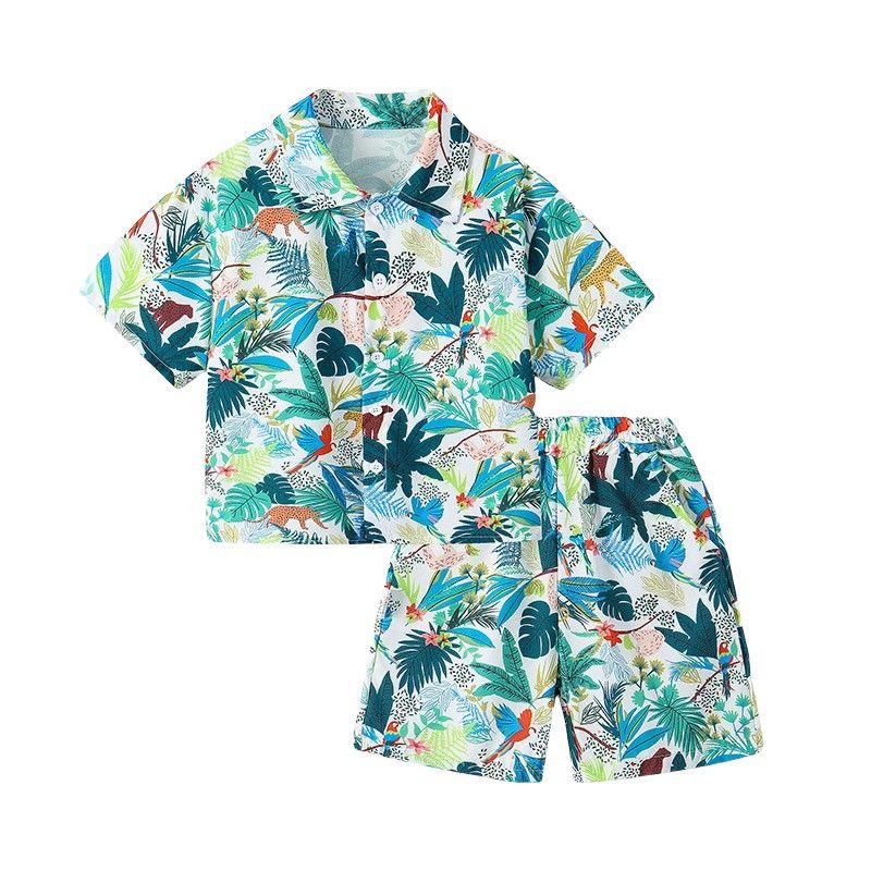Boys' Shirts, Summer Hong Kong Style Kidsren's Clothing, Big Kidsren's Floral Shirts, Boys' Short-Sleeved Beach Suits, Vacation and Seaside Clothes