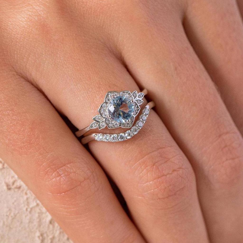 Fashionable Imitation Aquamarine Stackable Ring Set with Curved Rings, Unique March Birthstone Engagement Proposal Ring, Women's Anniversary Birthday