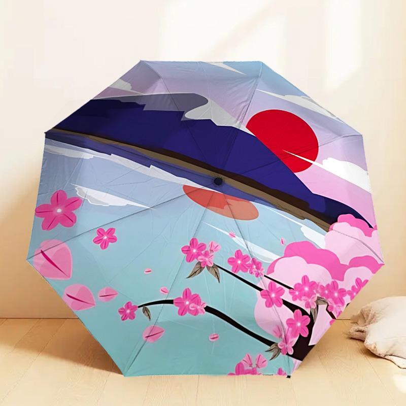 1pc Mount Fuji Cherry Blossoms Automatic Folding Umbrella 8 Rib Iron Frame,  Suitable for Travel, Daily Use, Birthday, Women & Men Gift C1231051